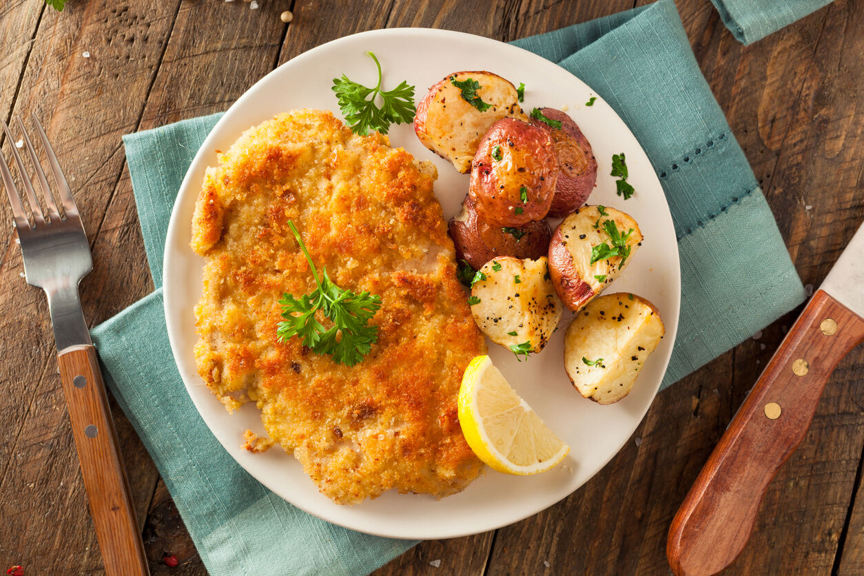 Homemade Breaded German Weiner Schnitzel with Potatoes