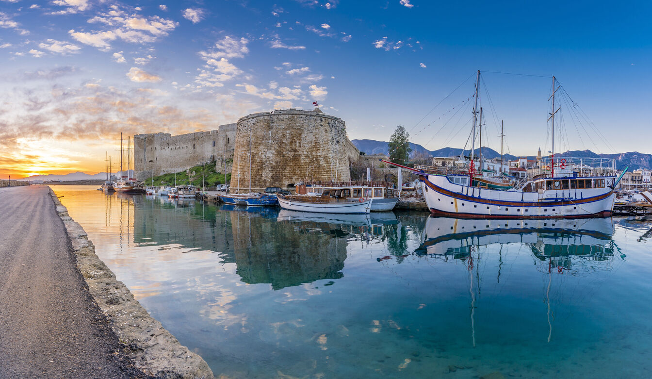 Kyrenia old harbour and castle view in Northern Cyprus. Kyrenia is populer tourist destination in Northern Cyprus.