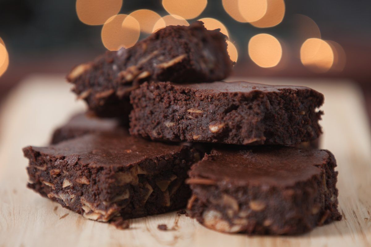 Close-up view of a batch of chocolate brownies