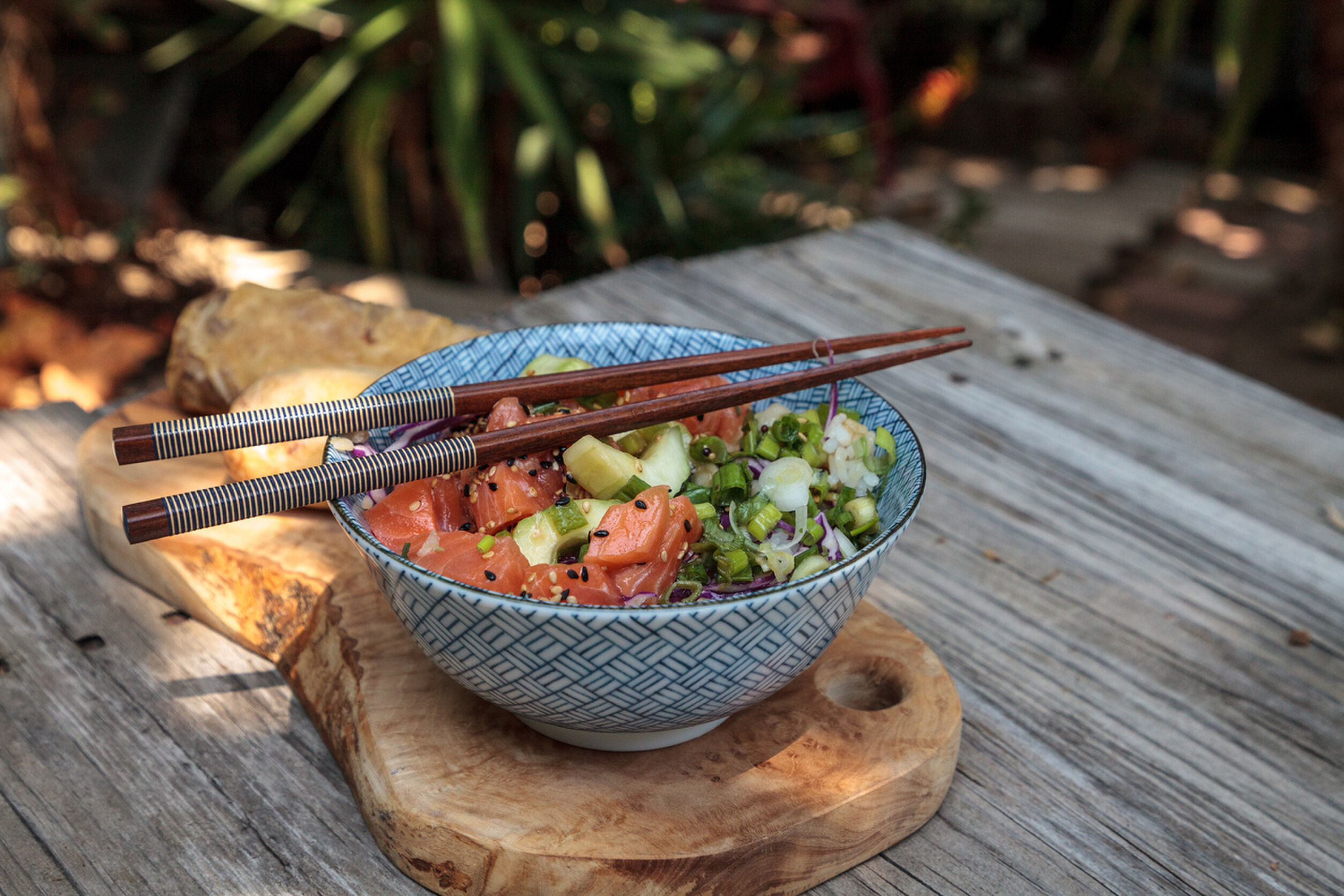 Raw salmon poke bowl with rice