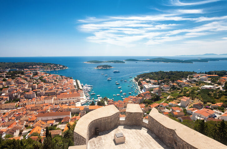 Wide angle aerial view of Hvar city