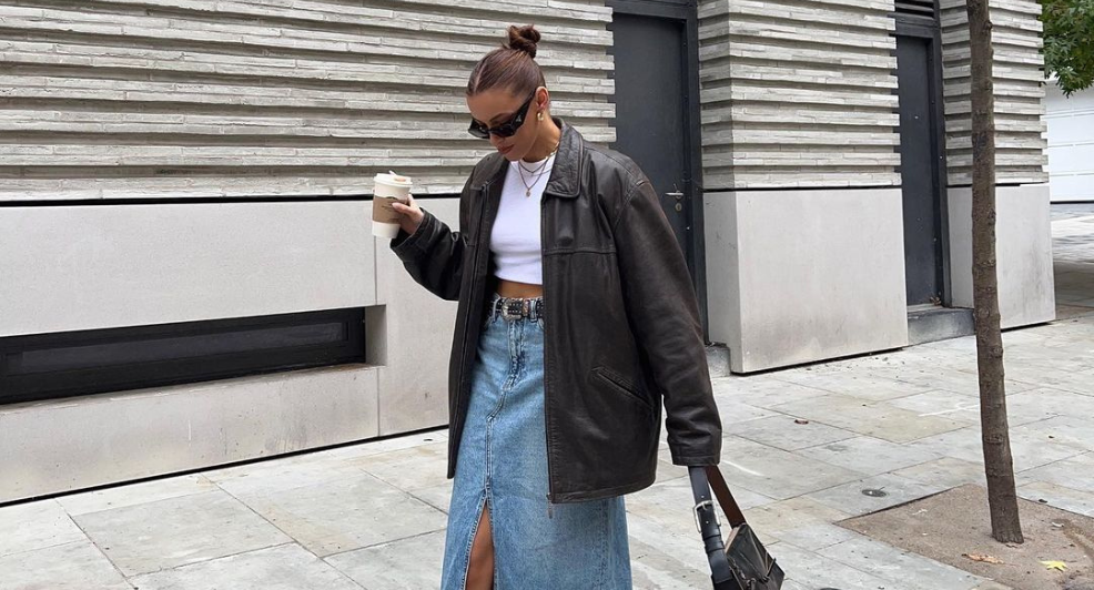 denim maxi shirt spijker rok lang split stradivarius 