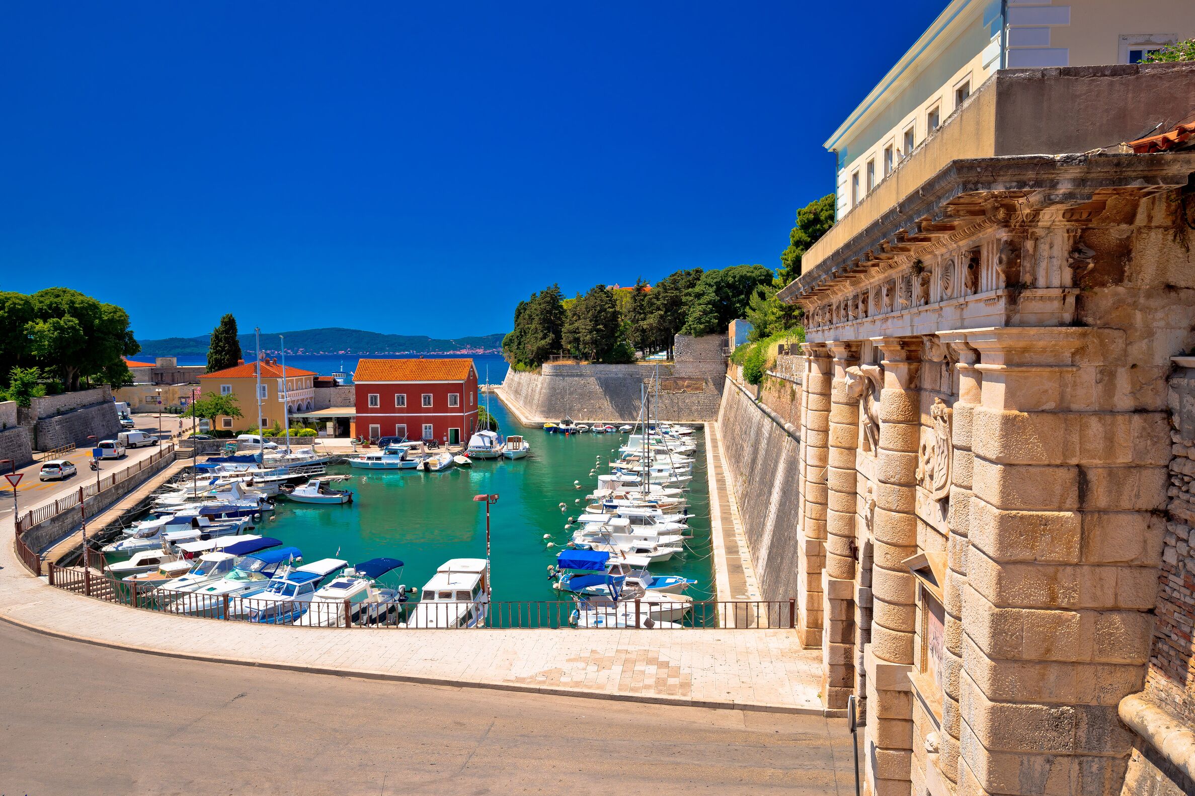 Zadar city gate and Fosa harbor view, Dalmatia, Croatia