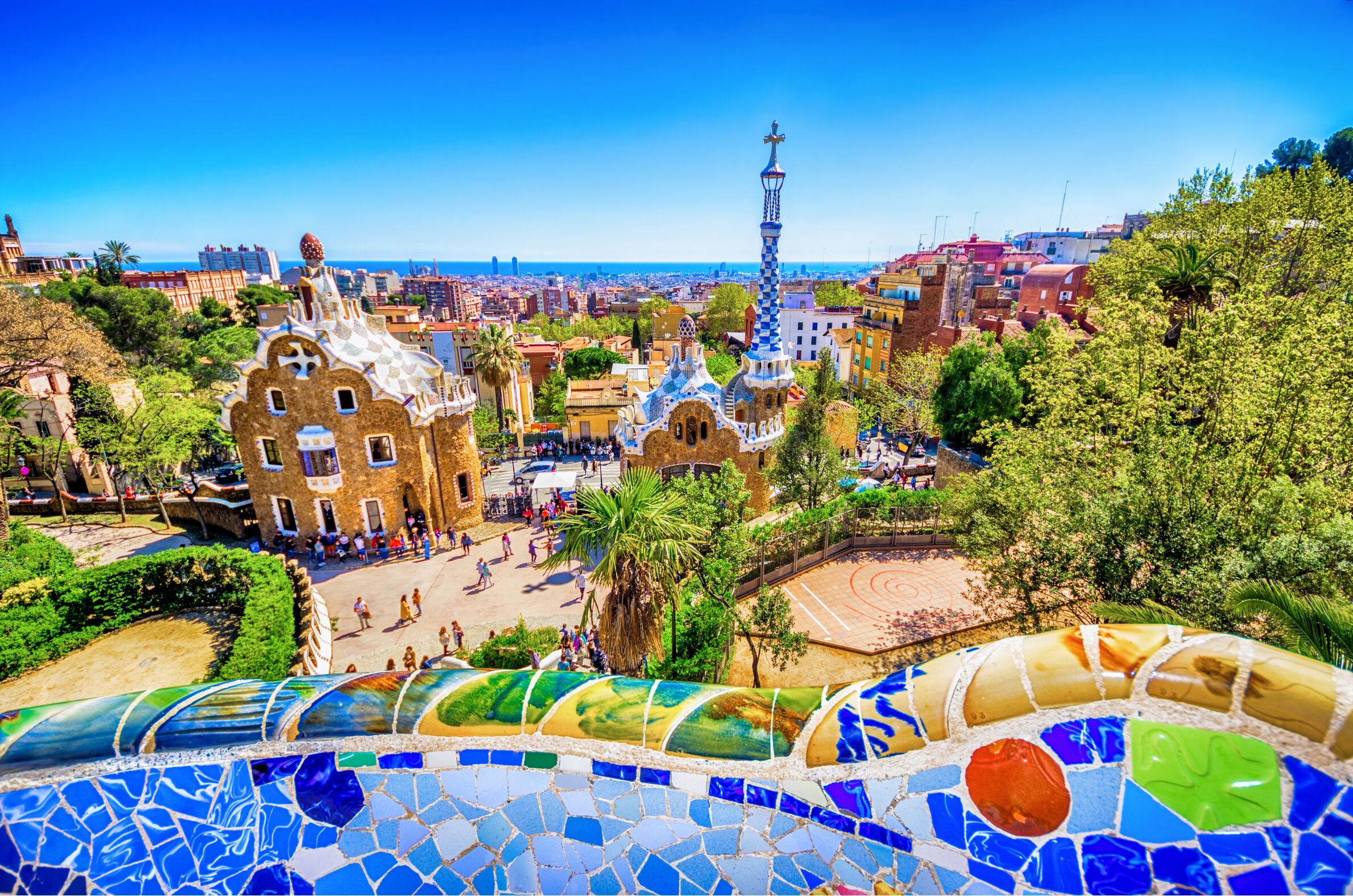 parc guell antoni gaudi barcelona mosaic bank bench