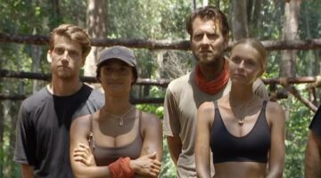 Matyas Bittenbinder, Tobias Camman, Amije Roos en Lies Zhara in Expeditie Robinson na een nachtje op het eiland.