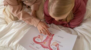 Twee vrouwen kijken naar een tekening van het vrouwelijk voortplantingsstelsel.