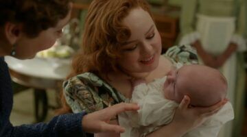 Penelope met haar baby in Bridgerton