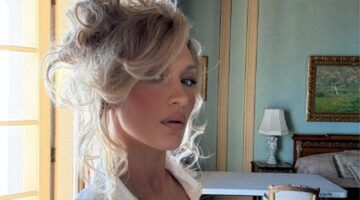 Bella Hadid met side bangs maakt een selfie.