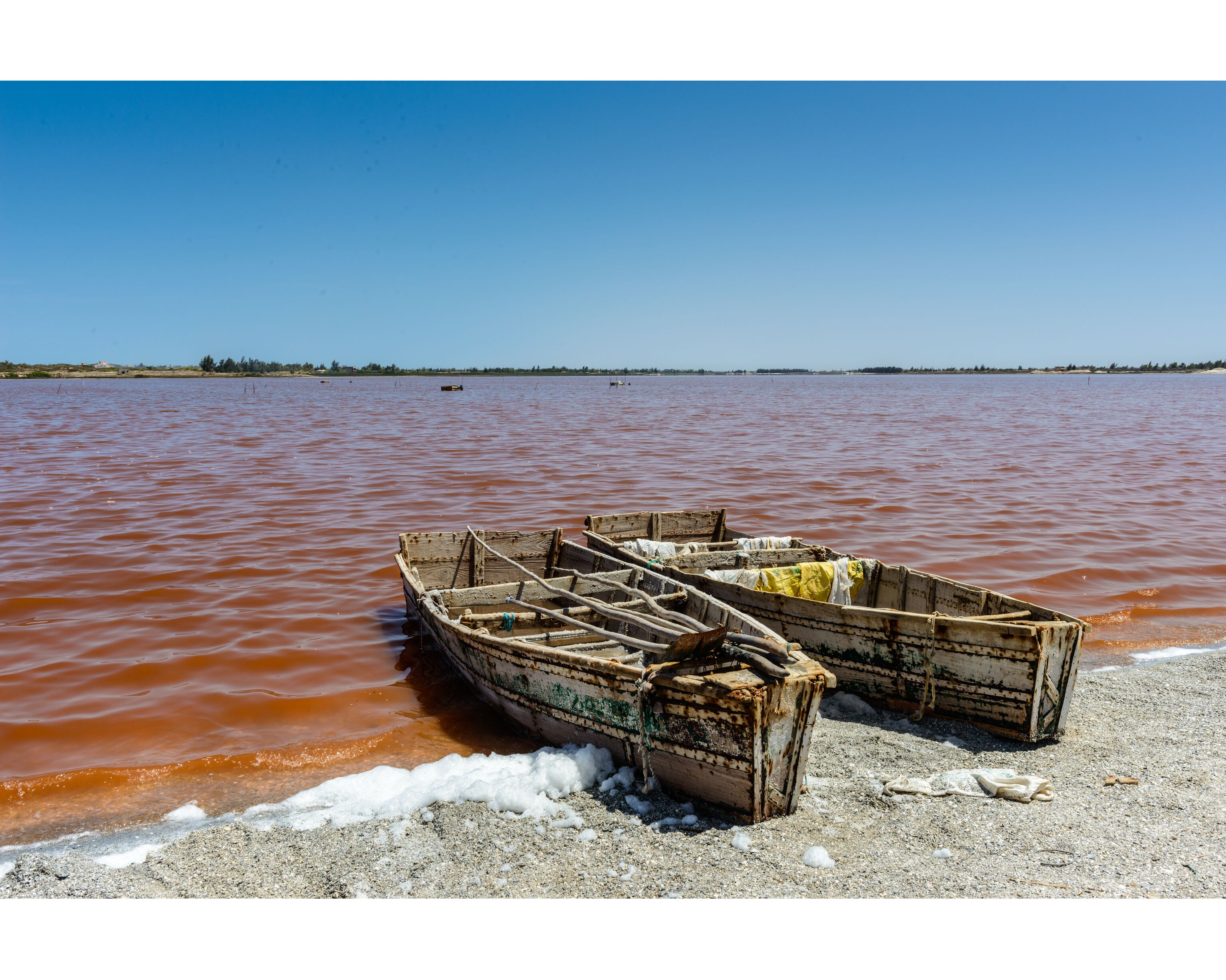 Sailman's boat over the pink water lake in Senegal, Africa