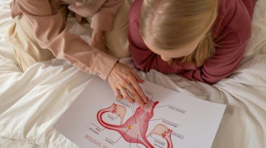 Twee vrouwen kijken naar een tekening van het vrouwelijk voortplantingsstelsel.