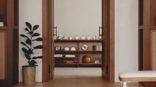 Sportcollectie van Zara op een kast uitgestald met een plant er naast.