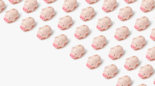 Rijen met kleine roze spaarvarkentjes.