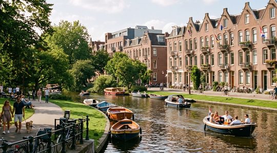 Amsterdamse gracht met bootjes.