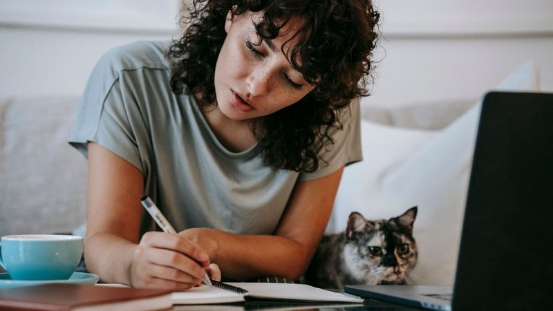 Vrouw werkt thuis vanaf de bank.