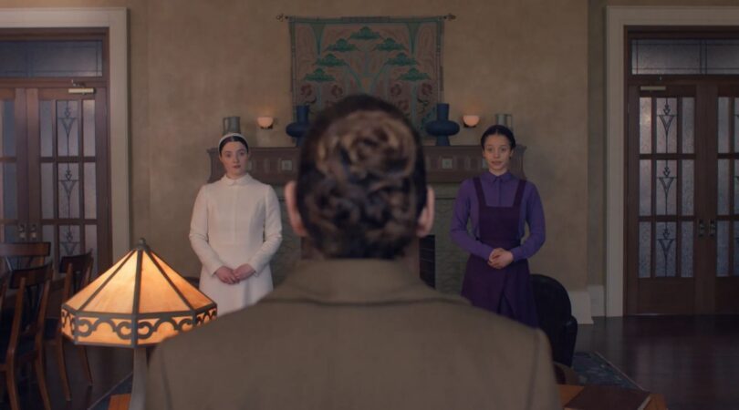 De drie hoofdrolspeelsters in de serie The Testaments